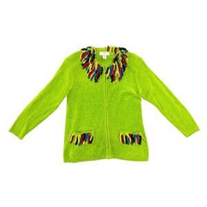 Lisa International Y2K Lime Green Fringe Zip Up Knit Cardigan Sweater SZ Small
